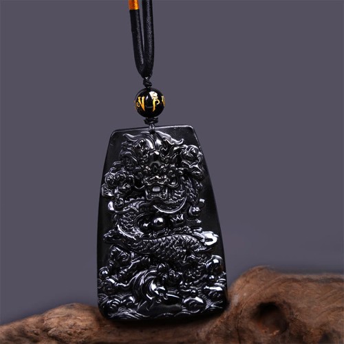 Black Obsidian Dragon Carved Protection Necklace Black Obsidian Dragon Carved Protection Necklace