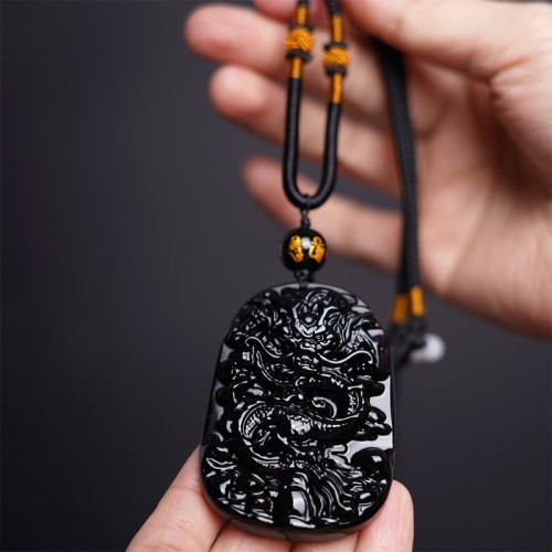 Black Obsidian Dragon Carved Protection Necklace Black Obsidian Dragon Carved Protection Necklace