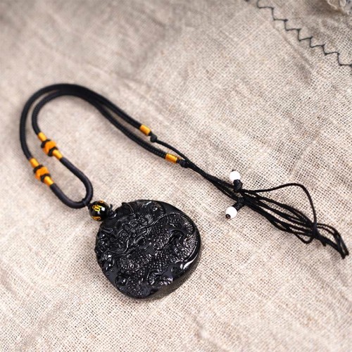Black Obsidian Round Dragon Protection Necklace Pendant Black Obsidian Round Dragon Protection Necklace Pendant