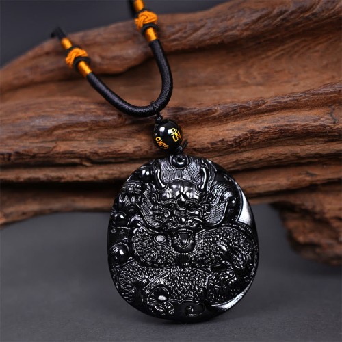 Black Obsidian Round Dragon Protection Necklace Pendant Black Obsidian Round Dragon Protection Necklace Pendant