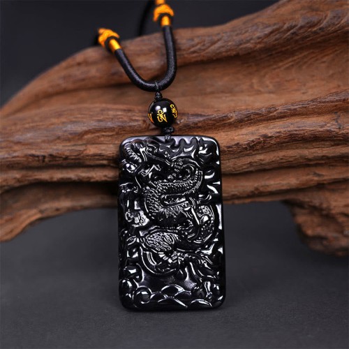 Black Obsidian Dragon Engraved Success Necklace Pendant