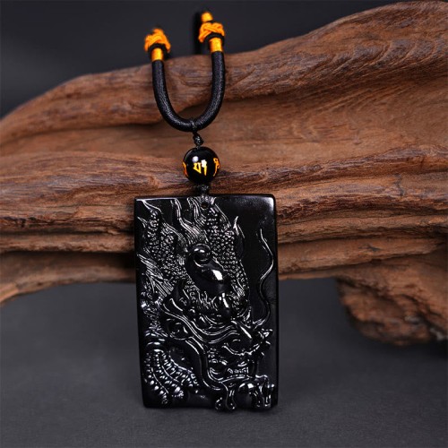 Black Obsidian Dragon Engraved Success Necklace Pendant