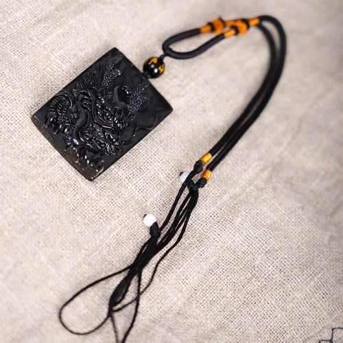 Black Obsidian Dragon Engraved Success Necklace Pendant