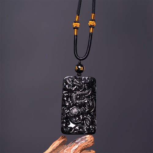 Black Obsidian Dragon Engraved Success Necklace Pendant