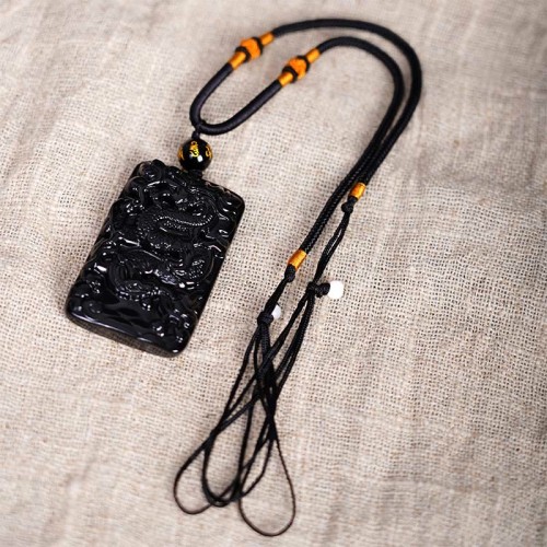 Black Obsidian Dragon Engraved Success Necklace Pendant