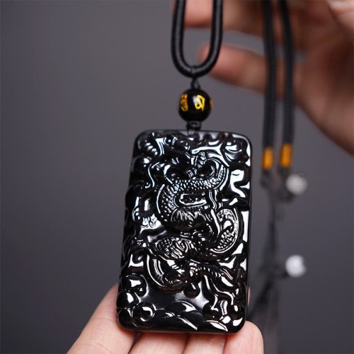Black Obsidian Dragon Engraved Success Necklace Pendant