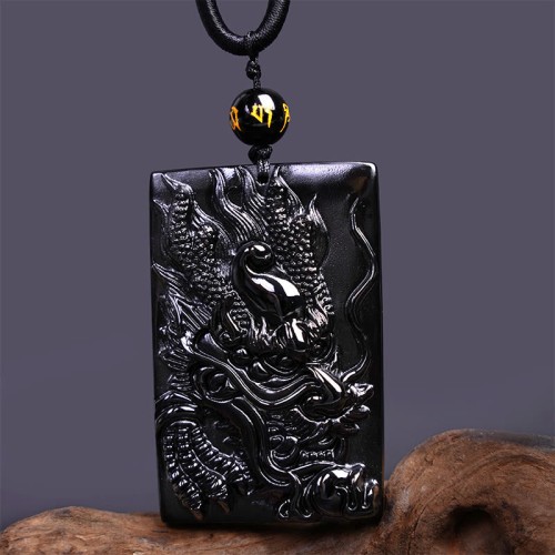 Black Obsidian Dragon Engraved Success Necklace Pendant