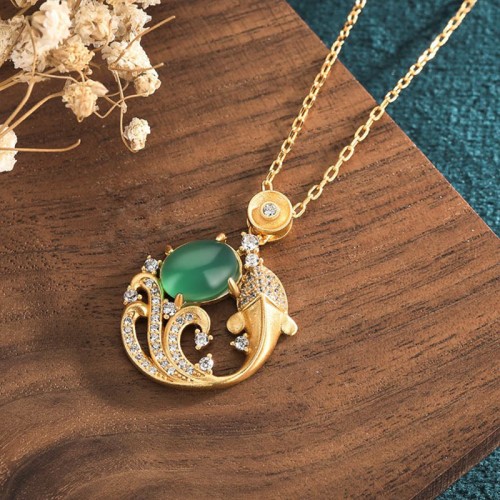 Green Chalcedony Koi Fish Strength Necklace Green Chalcedony Koi Fish Strength Necklace