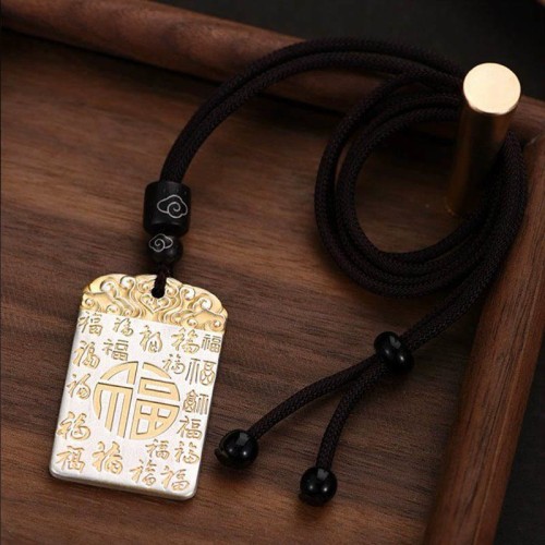 Silver Plated Copper Fu Character Fortune Necklace