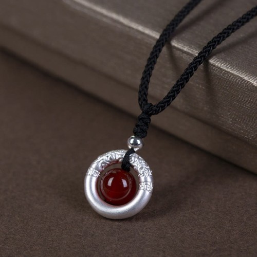 999 Silver Red Agate Peace Buckle Blessing Pendant