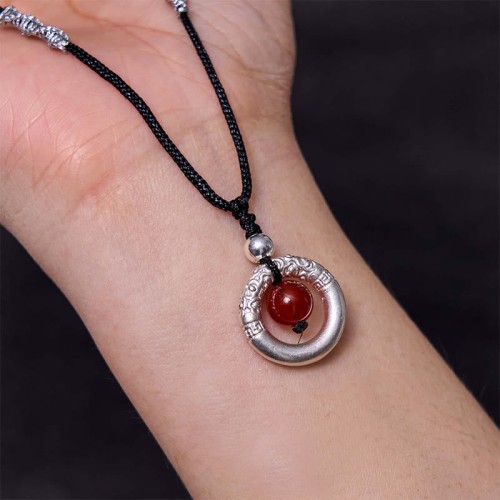 999 Silver Red Agate Peace Buckle Blessing Pendant