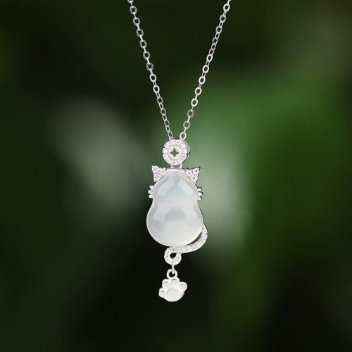 Sterling Silver 14K Gold White Jade Gourd Cat Necklace Pendant Sterling Silver 14K Gold White Jade Gourd Cat Necklace Pendant