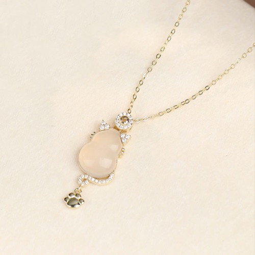 Sterling Silver 14K Gold White Jade Gourd Cat Necklace Pendant Sterling Silver 14K Gold White Jade Gourd Cat Necklace Pendant
