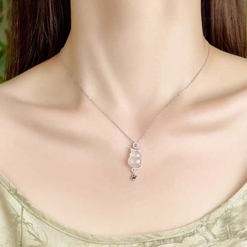 Sterling Silver 14K Gold White Jade Gourd Cat Necklace Pendant Sterling Silver 14K Gold White Jade Gourd Cat Necklace Pendant