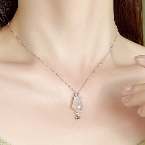 Sterling Silver 14K Gold White Jade Gourd Cat Necklace Pendant Sterling Silver 14K Gold White Jade Gourd Cat Necklace Pendant