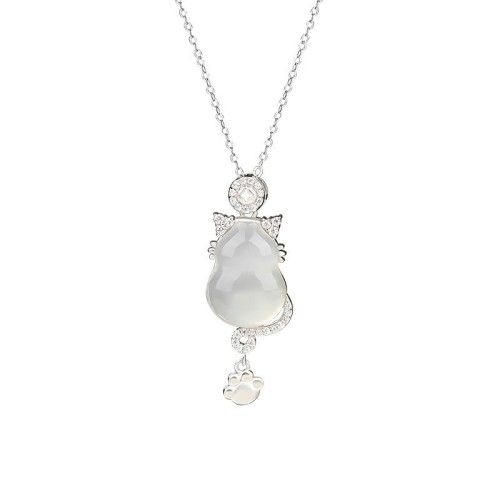 Sterling Silver 14K Gold White Jade Gourd Cat Necklace Pendant Sterling Silver 14K Gold White Jade Gourd Cat Necklace Pendant