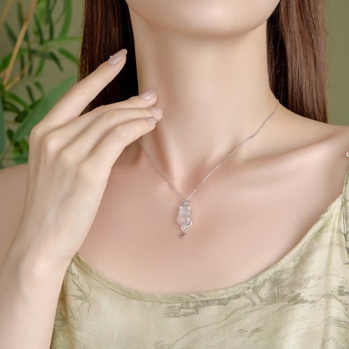 Sterling Silver 14K Gold White Jade Gourd Cat Necklace Pendant Sterling Silver 14K Gold White Jade Gourd Cat Necklace Pendant