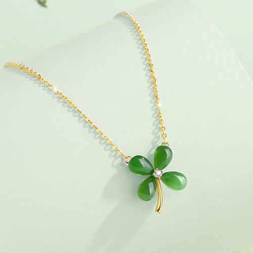 Jade Sterling Silver Four Leaf Clover Luck Necklace Jade Sterling Silver Four Leaf Clover Luck Necklace