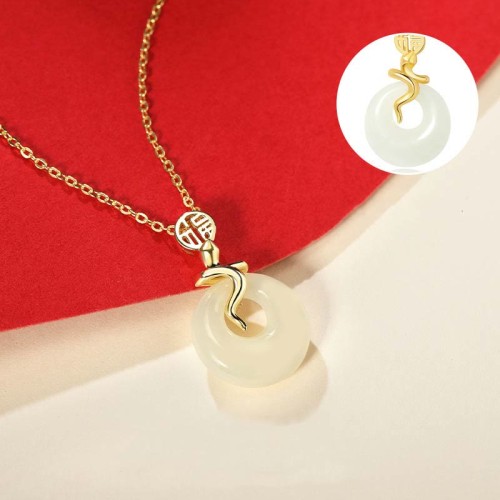 925 Silver Hetian Jade Snake Year Peace Buckle Necklace 925 Silver Hetian Jade Snake Year Peace Buckle Necklace