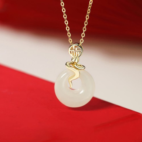 925 Silver Hetian Jade Snake Year Peace Buckle Necklace 925 Silver Hetian Jade Snake Year Peace Buckle Necklace