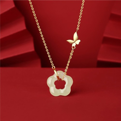 Sterling Silver Butterfly Hetian Jade Flower Blessing Pendant Sterling Silver Butterfly Hetian Jade Flower Blessing Pendant
