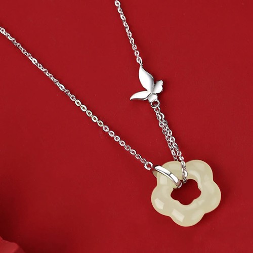 Sterling Silver Butterfly Hetian Jade Flower Blessing Pendant Sterling Silver Butterfly Hetian Jade Flower Blessing Pendant