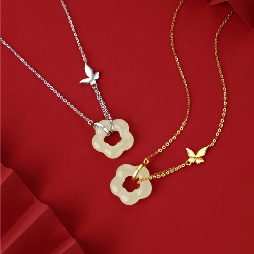 Sterling Silver Butterfly Hetian Jade Flower Blessing Pendant Sterling Silver Butterfly Hetian Jade Flower Blessing Pendant
