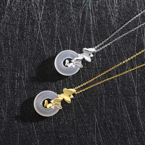 Silver Butterfly Chalcedony Blessing Luck Pendant