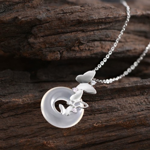 Silver Butterfly Chalcedony Blessing Luck Pendant