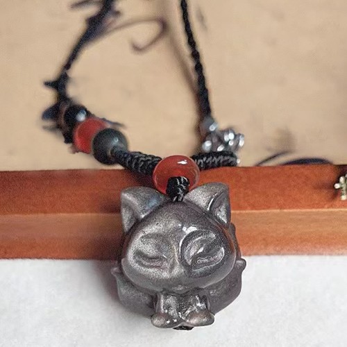 Silver Sheen Obsidian Nine Tailed Fox Protection Pendant