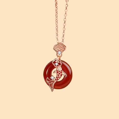 Red Agate Sterling Silver Koi Fish Peace Necklace Pendant