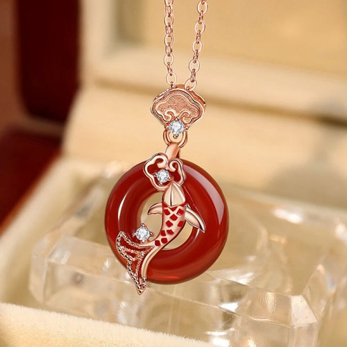 Red Agate Sterling Silver Koi Fish Peace Necklace Pendant