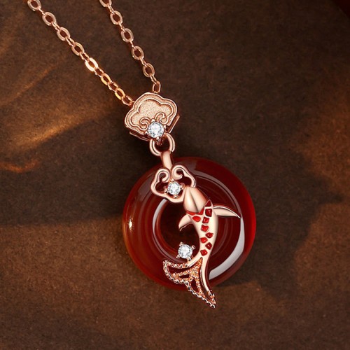 Red Agate Sterling Silver Koi Fish Peace Necklace Pendant