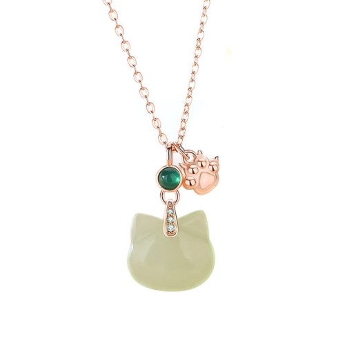 Hetian Jade Silver Cat Head Abundance Pendant