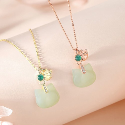 Hetian Jade Silver Cat Head Abundance Pendant