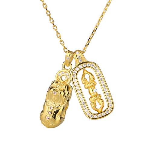 Sterling Silver Golden Pixiu Copper Coin Vajra Wealth Pendant