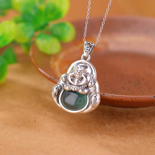 999 Silver Laughing Buddha Cyan Jade Lotus Success Pendant 999 Silver Laughing Buddha Cyan Jade Lotus Success Pendant