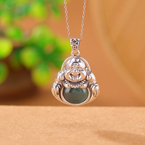 999 Silver Laughing Buddha Cyan Jade Lotus Success Pendant 999 Silver Laughing Buddha Cyan Jade Lotus Success Pendant