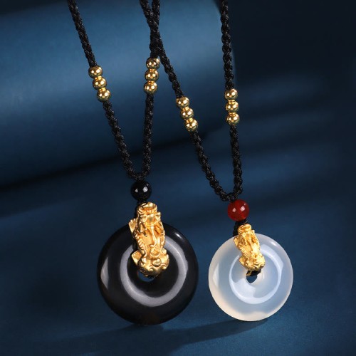 Black Onyx PiXiu Fortune Necklace with White Agate Black Onyx PiXiu Fortune Necklace with White Agate