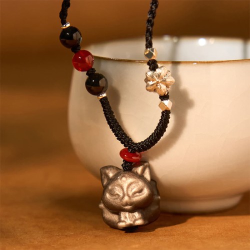 Silver Sheen Obsidian Nine Tailed Fox Protection Pendant