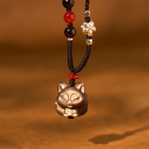 Silver Sheen Obsidian Nine Tailed Fox Protection Pendant