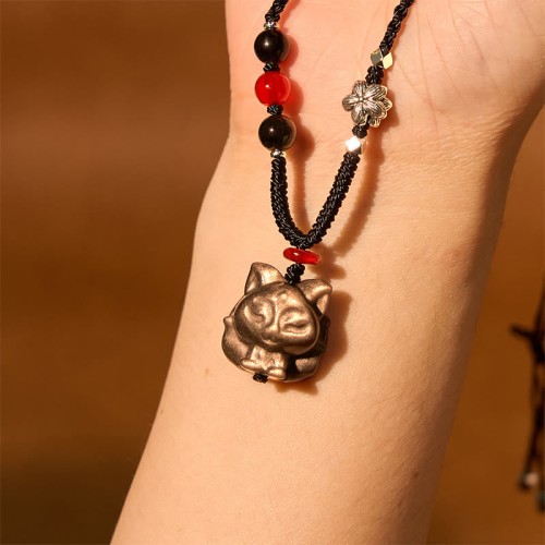 Silver Sheen Obsidian Nine Tailed Fox Protection Pendant