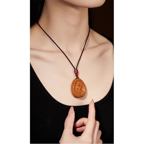 Peach Wood Cinnabar Zodiac Om Mani Padme Hum Necklace Peach Wood Cinnabar Zodiac Om Mani Padme Hum Necklace
