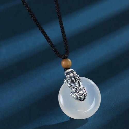 White Agate Sterling Silver Pi Xiu Six True Words Necklace Pendant