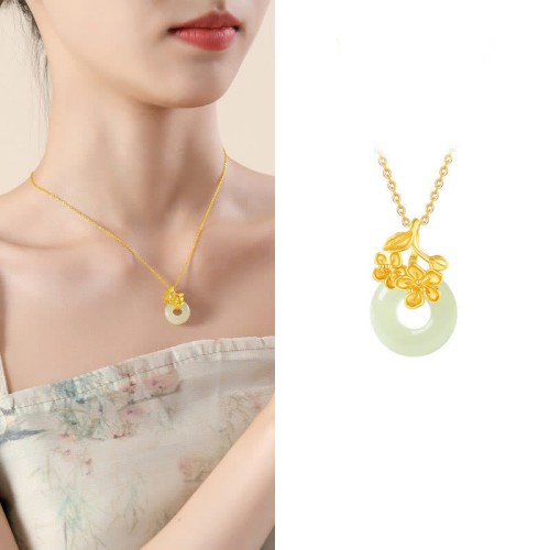Hetian Jade Sterling Silver Peach Blossom Pendant Necklace