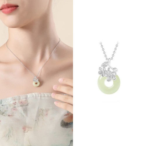 Hetian Jade Sterling Silver Peach Blossom Pendant Necklace