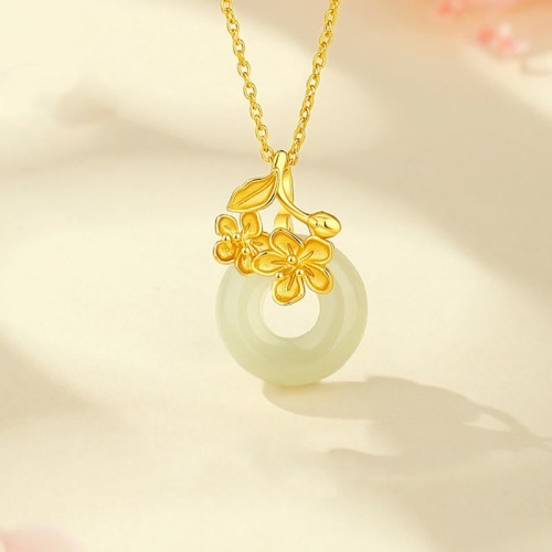 Hetian Jade Sterling Silver Peach Blossom Pendant Necklace