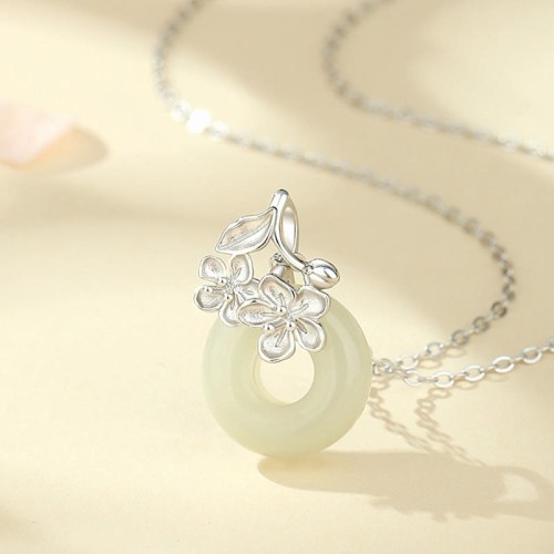 Hetian Jade Sterling Silver Peach Blossom Pendant Necklace