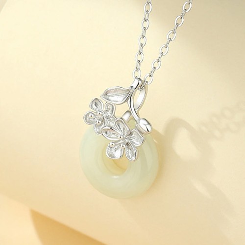Hetian Jade Sterling Silver Peach Blossom Pendant Necklace