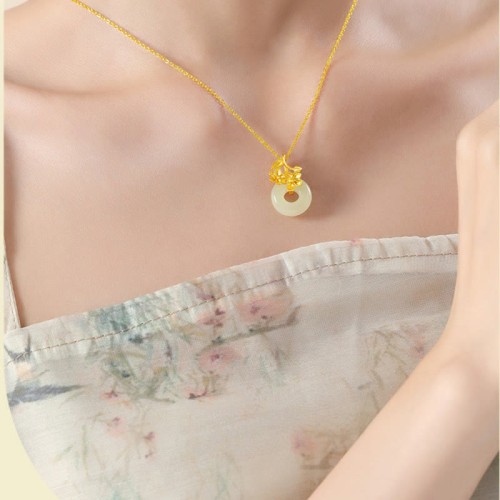 Hetian Jade Sterling Silver Peach Blossom Pendant Necklace